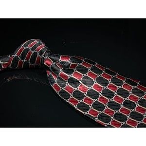 Vintage Bruno Rossi Black Red Geometric 100% Silk Men's Designer Tie